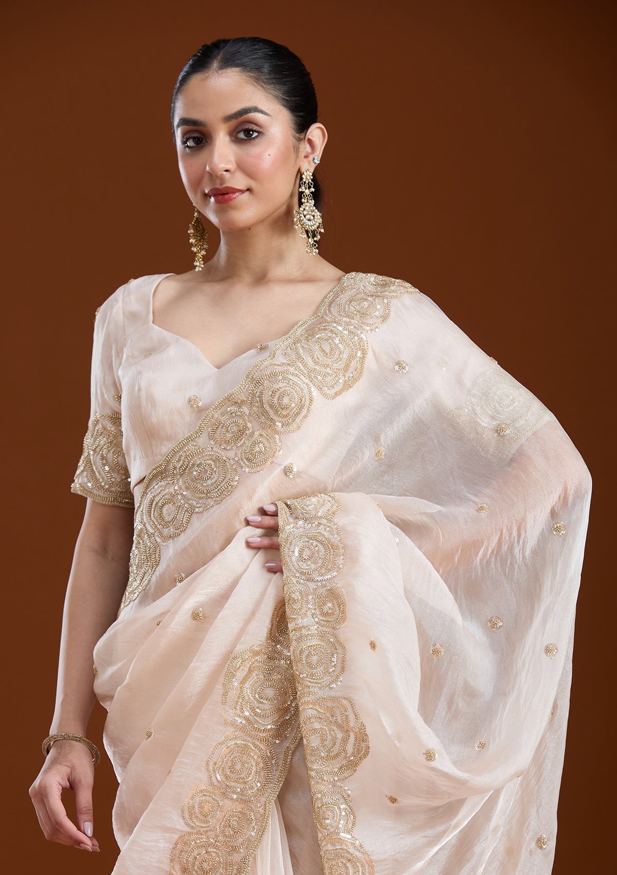 Light Peach Sequins Tissue Saree