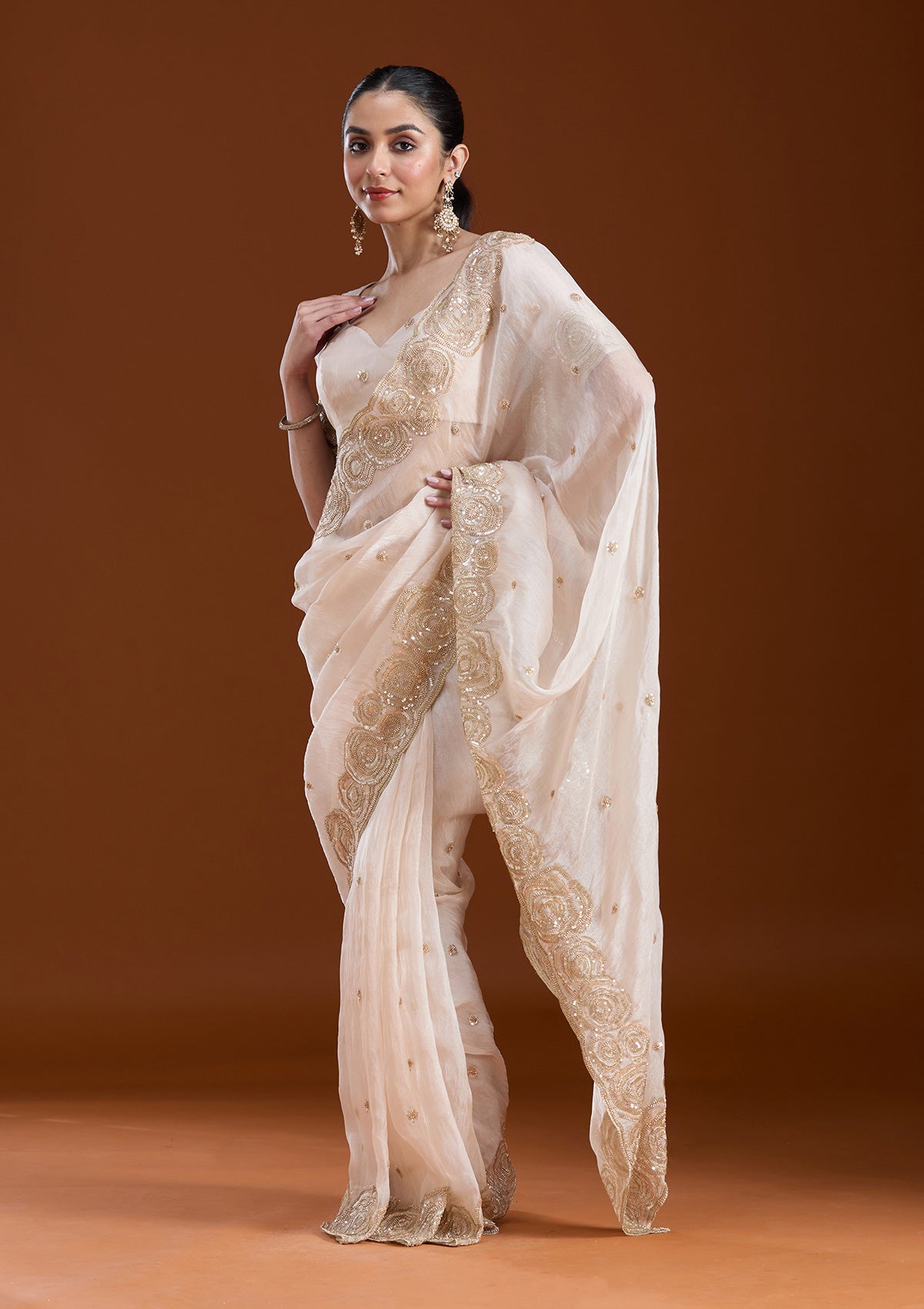 Light Peach Sequins Tissue Saree