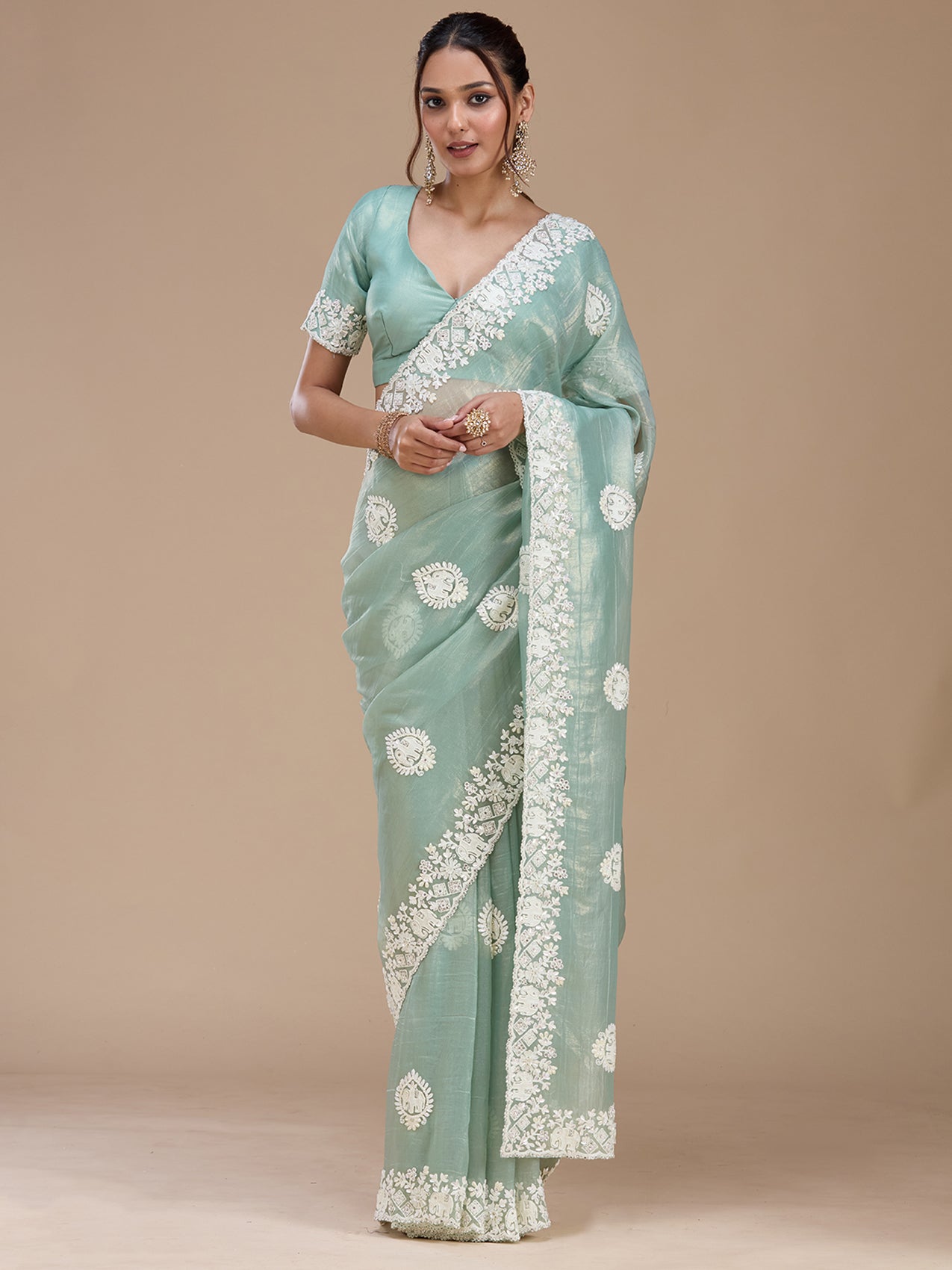 Sea Green Pearlwork Tissue Saree