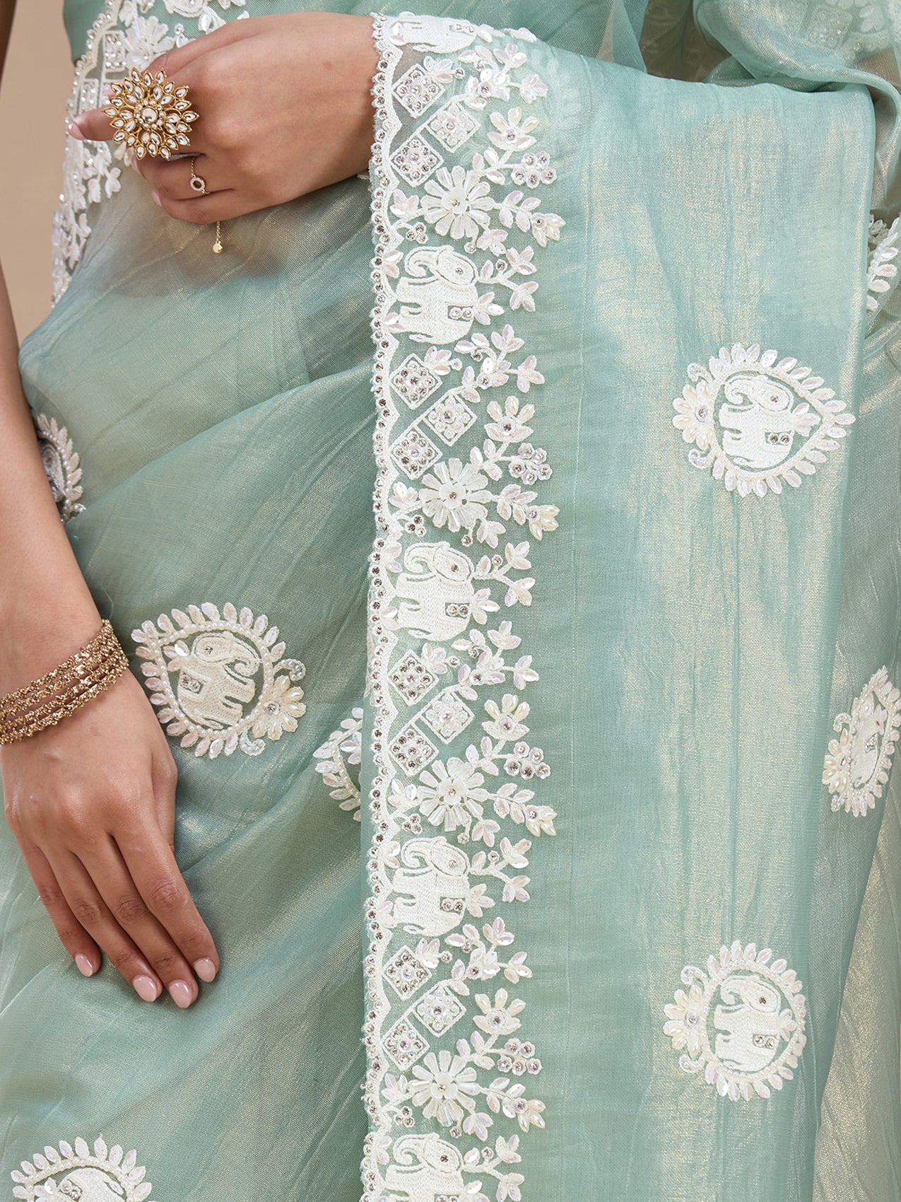 Sea Green Pearlwork Tissue Saree