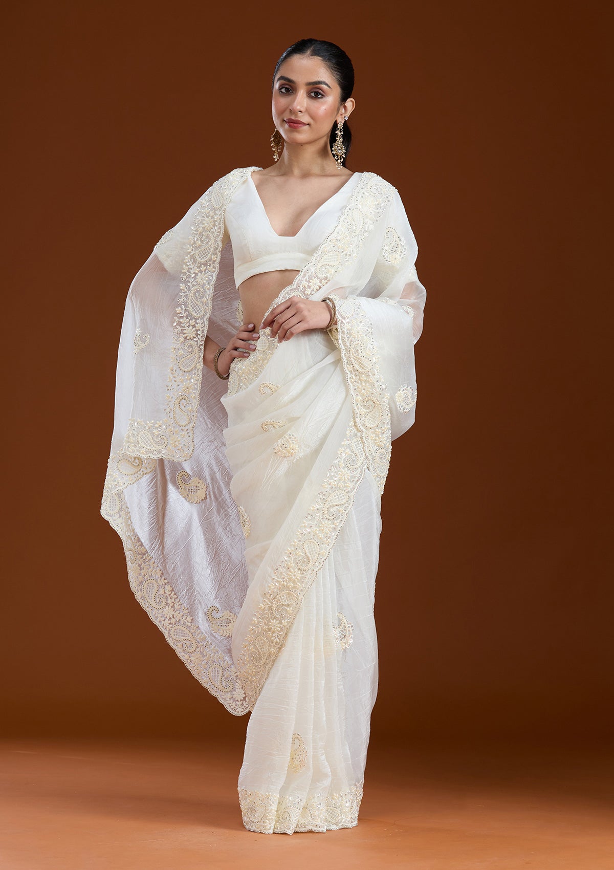 Off White Pearlwork Tissue Saree