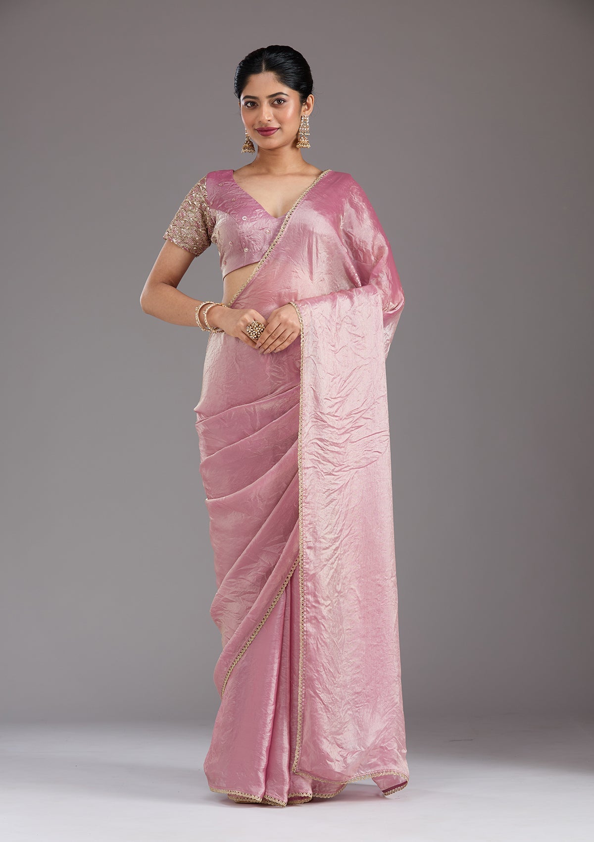 Onion Pink Sequins Organza Saree