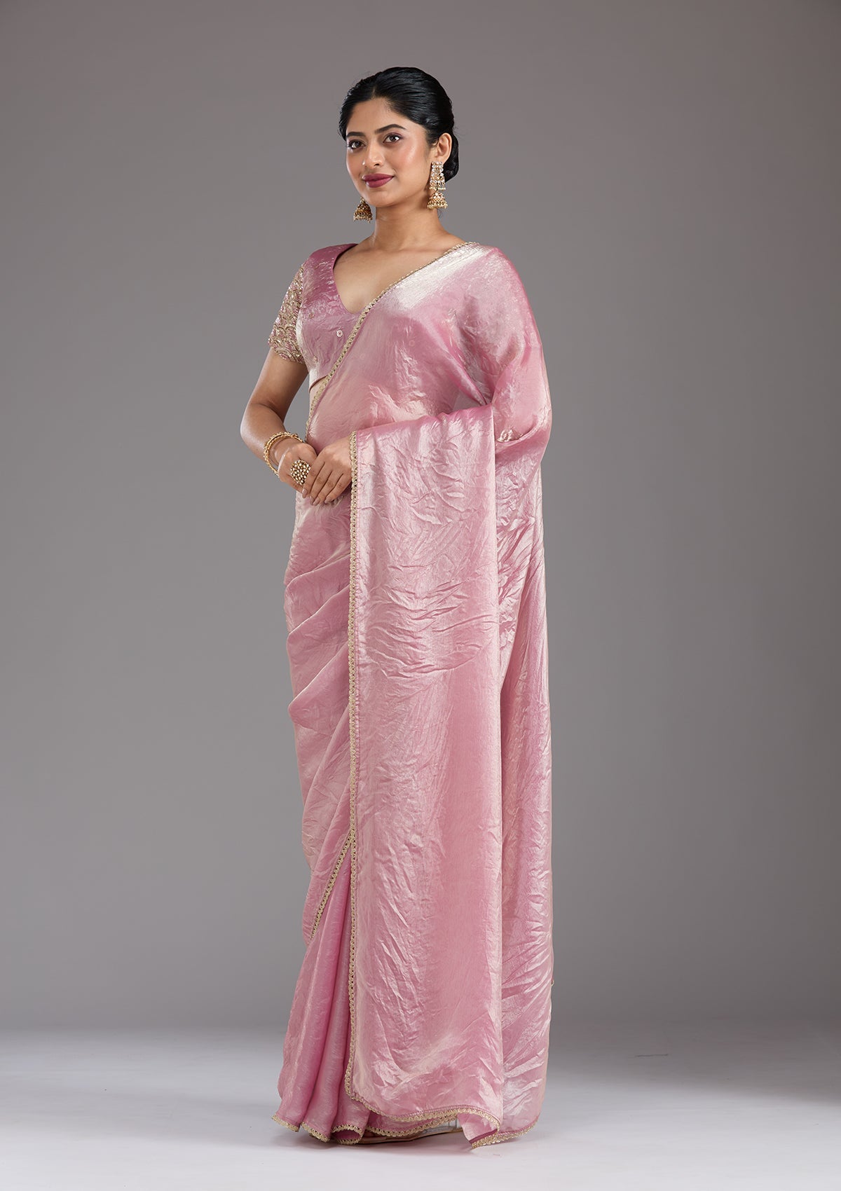 Onion Pink Sequins Organza Saree