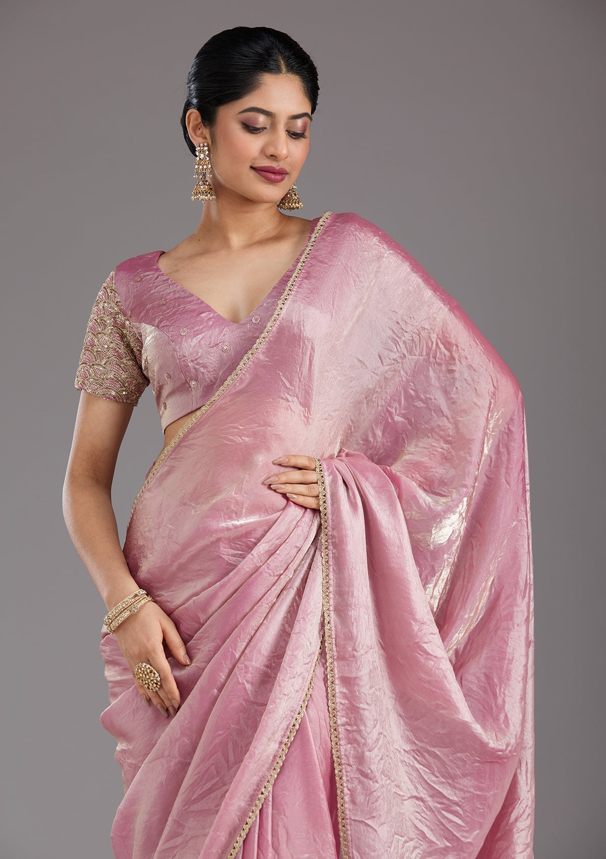 Onion Pink Sequins Organza Saree