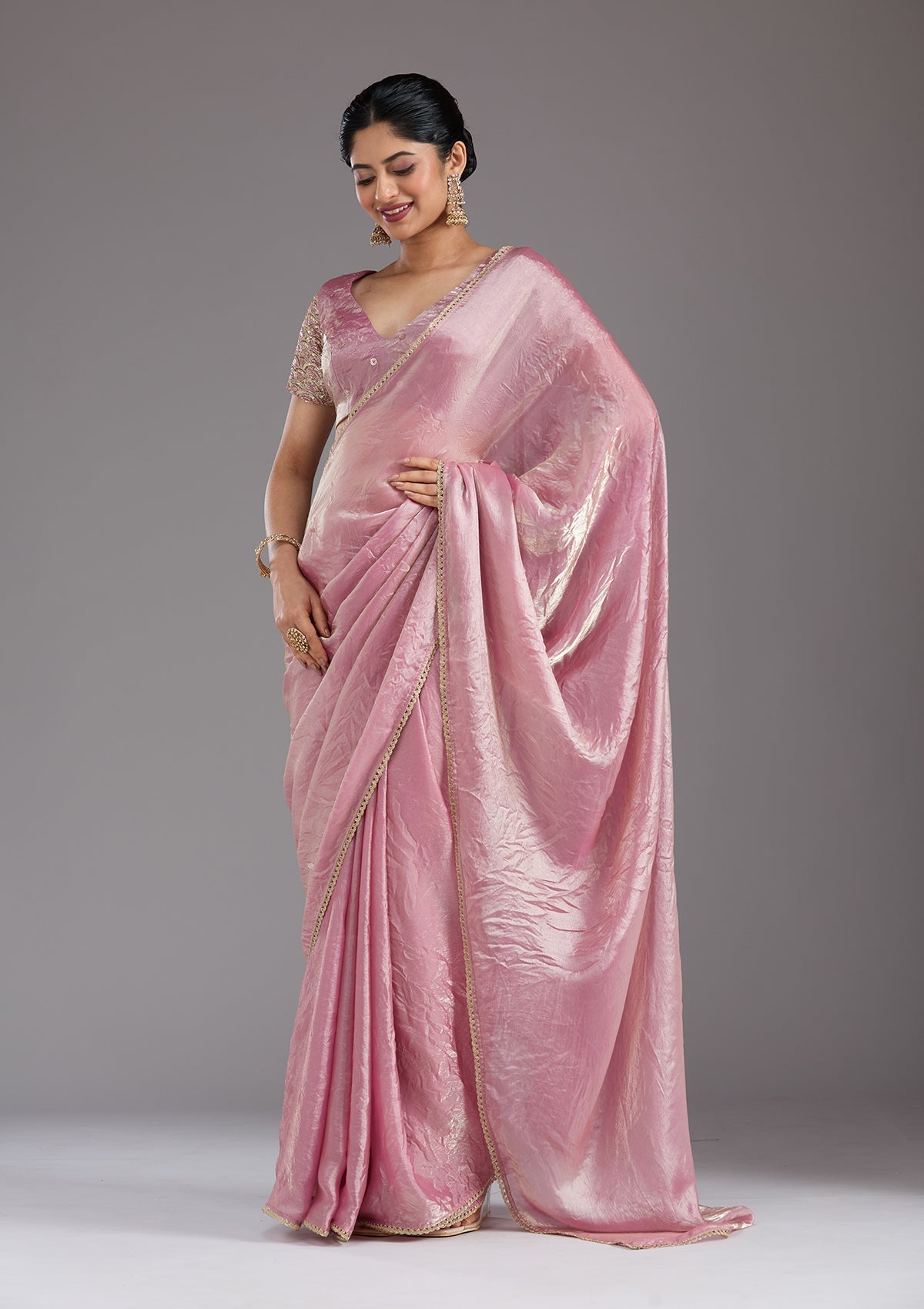 Onion Pink Sequins Organza Saree