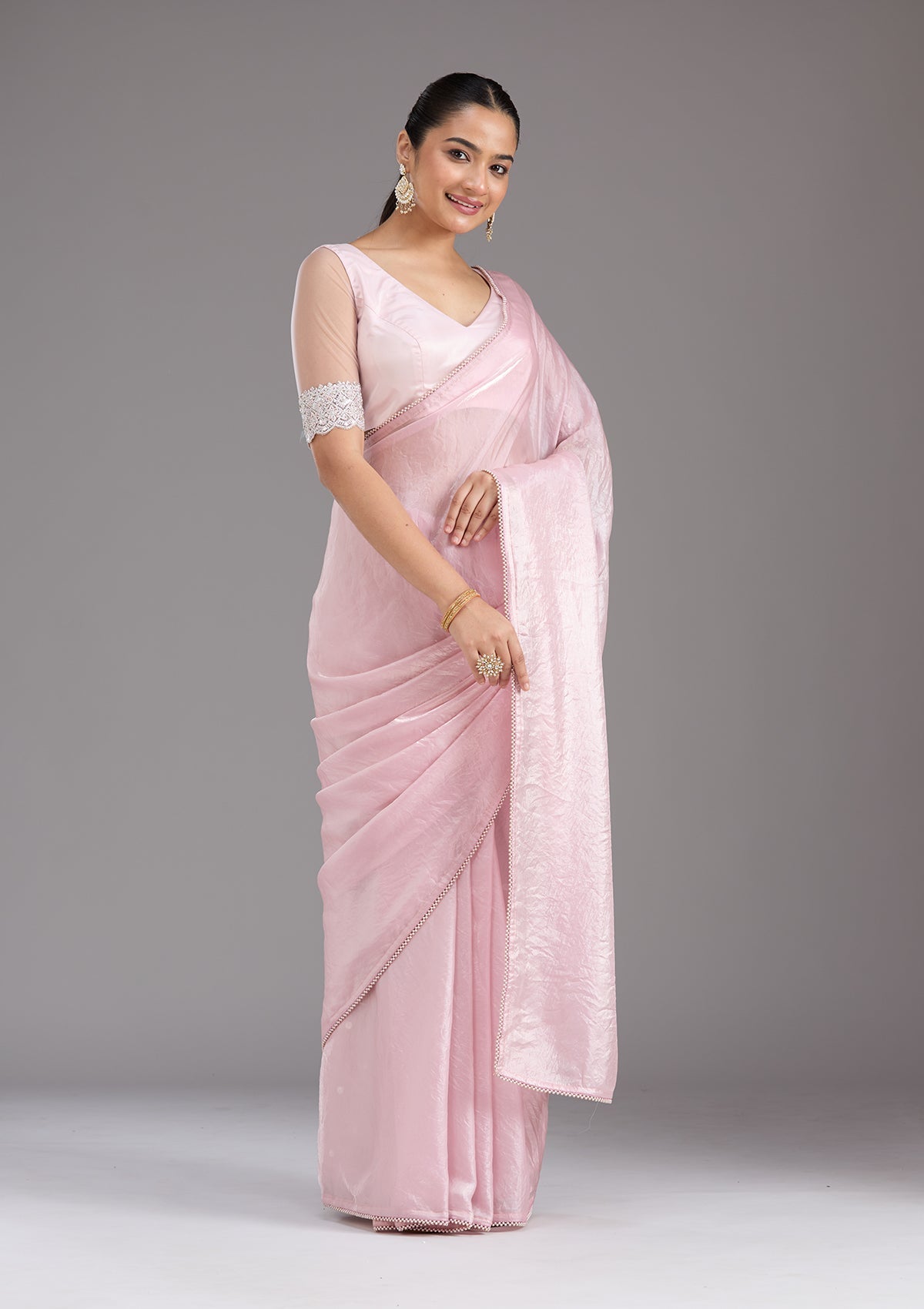 Baby Pink Pearlwork Tissue Saree