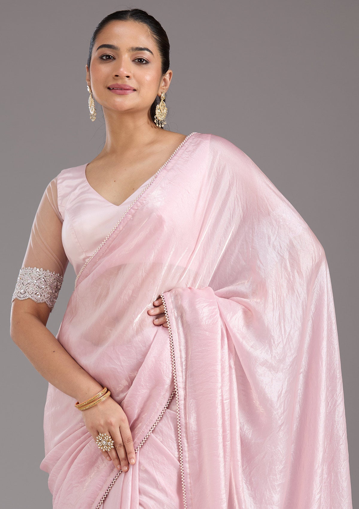 Baby Pink Pearlwork Tissue Saree