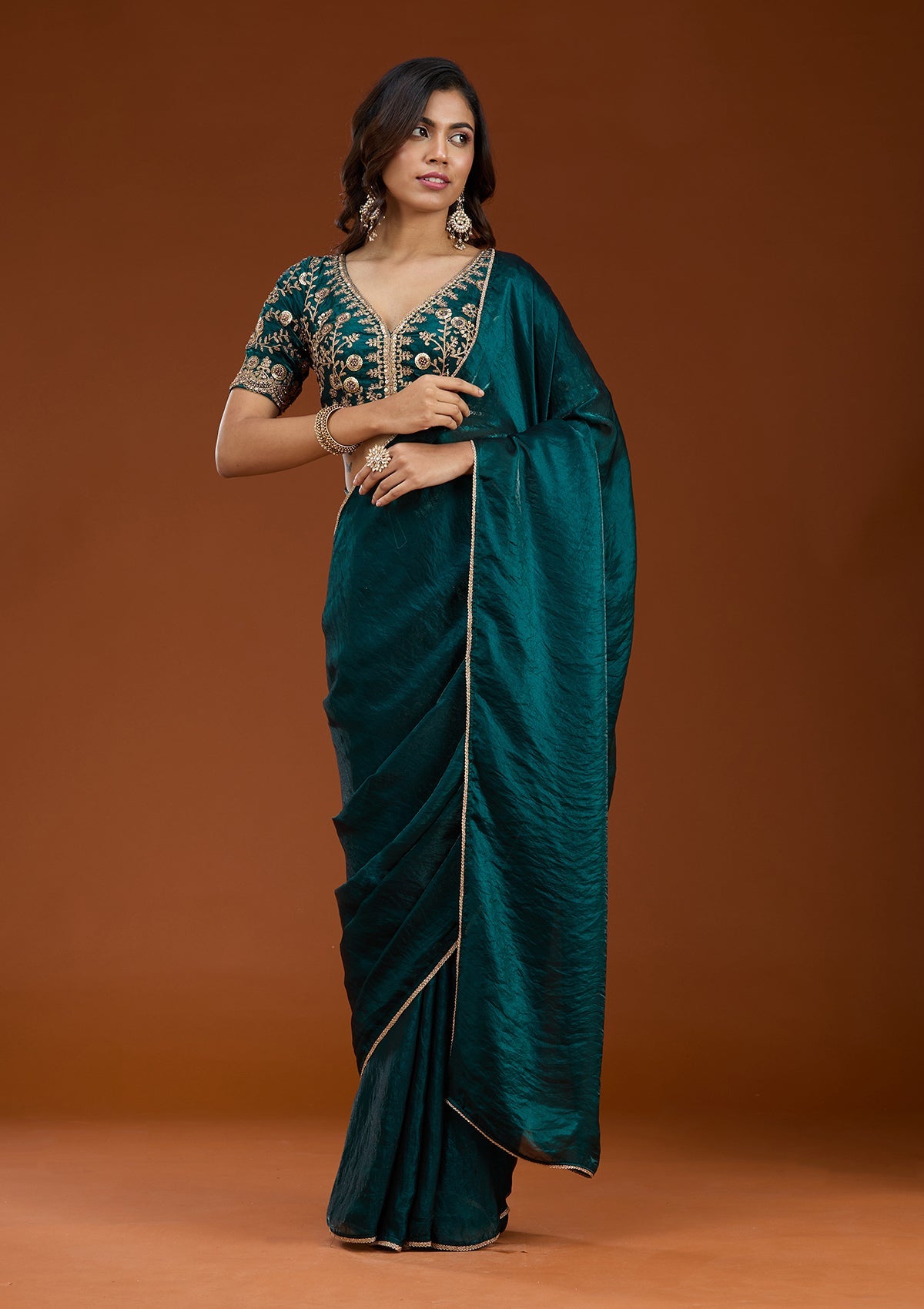 Bottle Green Sequins Tissue Saree
