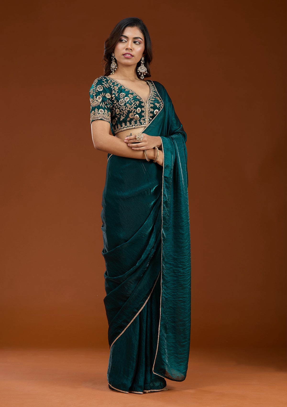 Bottle Green Sequins Tissue Saree
