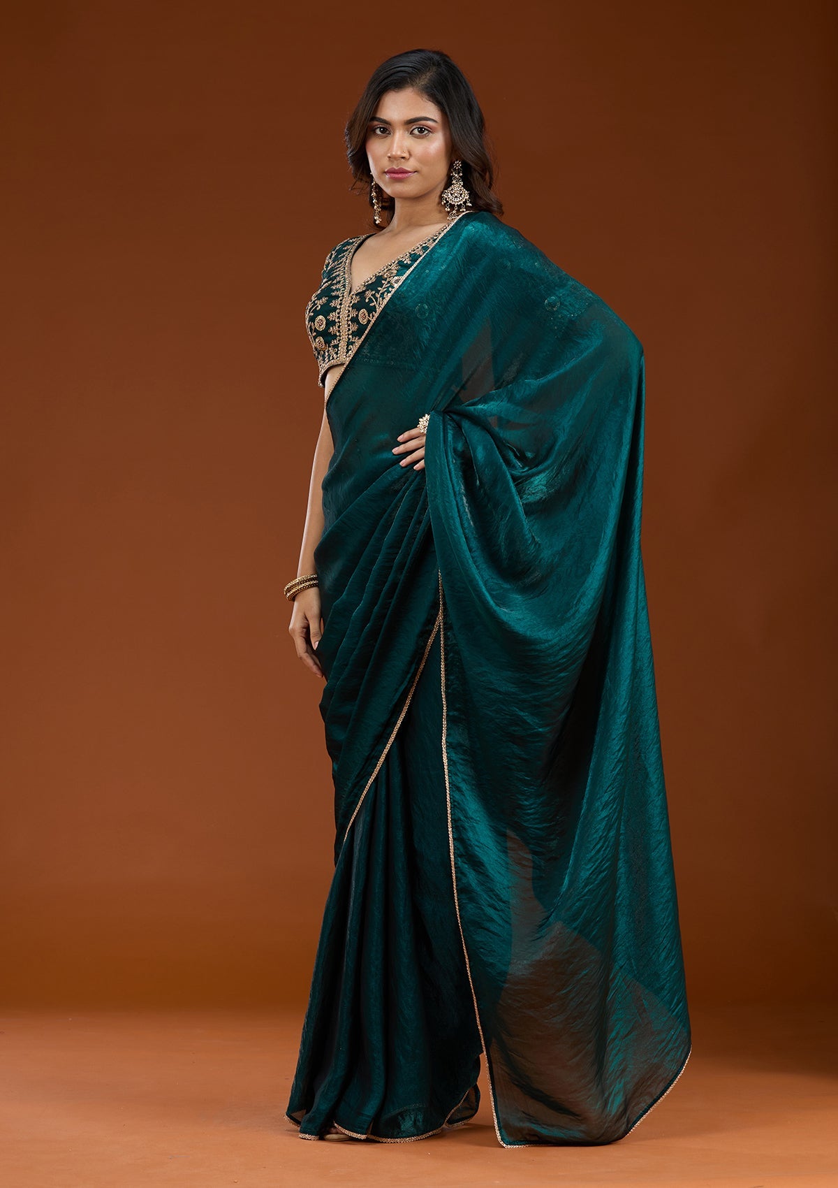 Bottle Green Sequins Tissue Saree