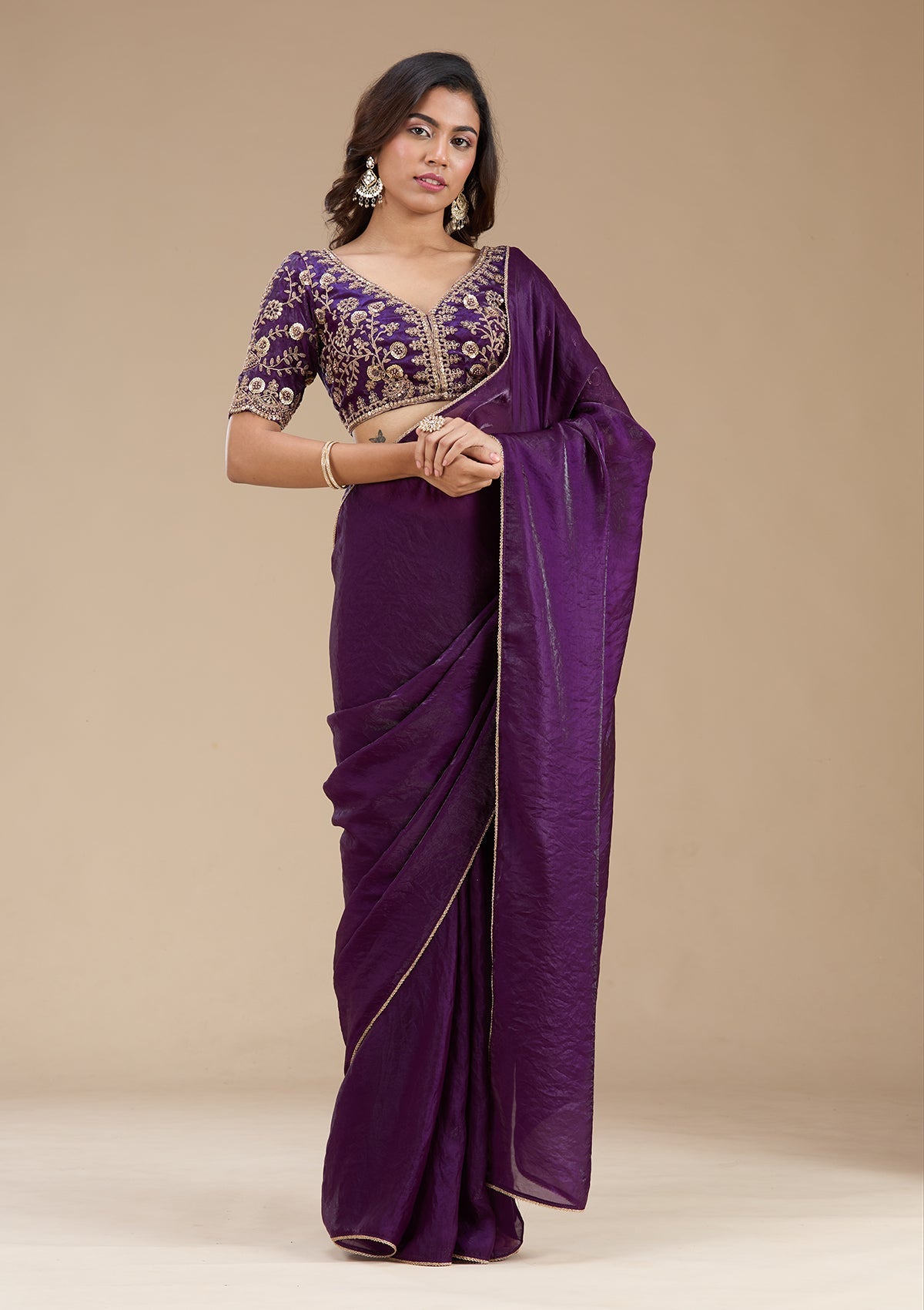 Purple Sequins Tissue Saree