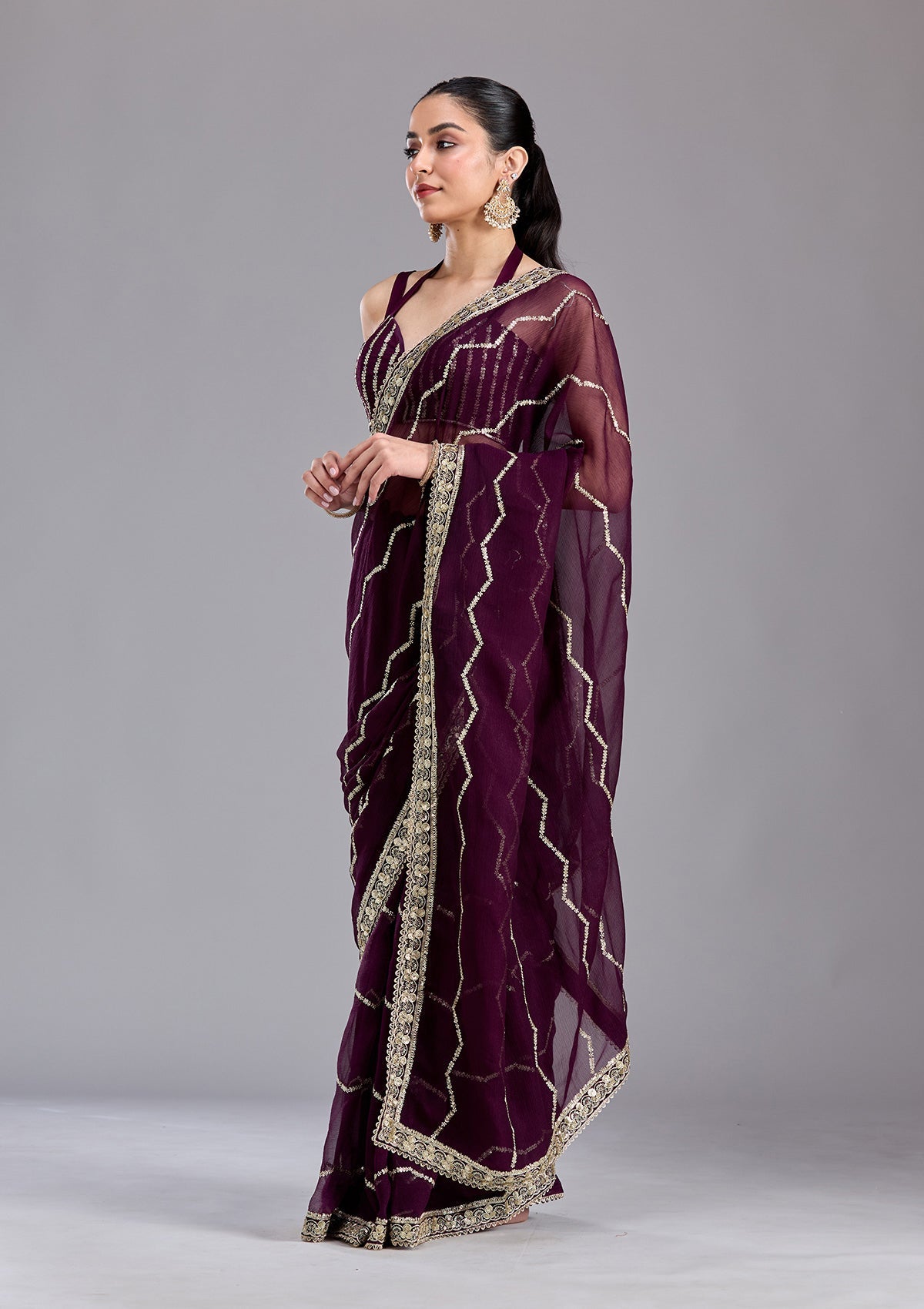 Wine Sequins Georgette Saree