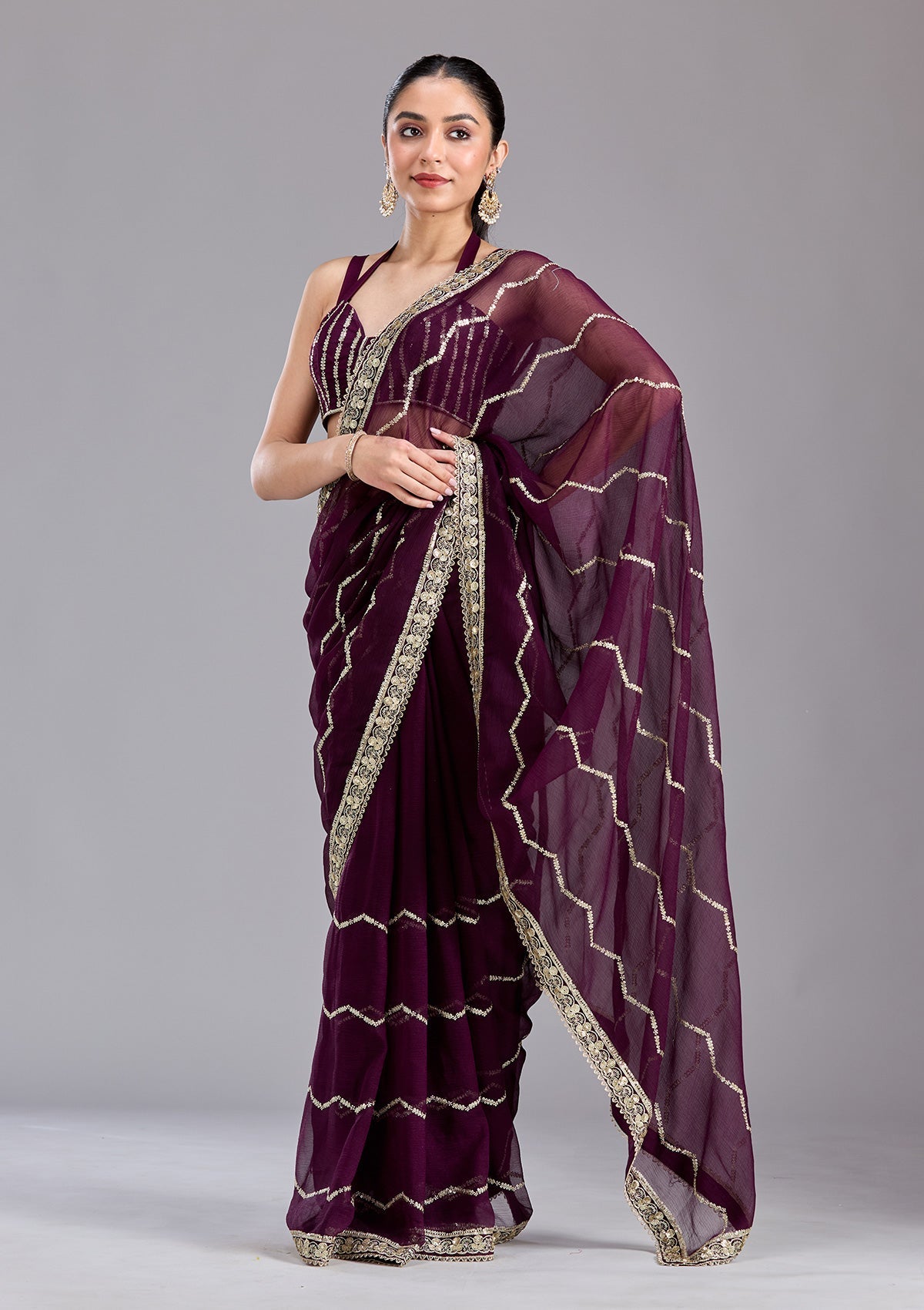Wine Sequins Georgette Saree