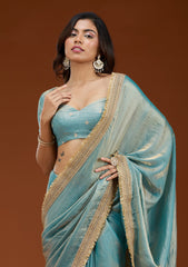 Blue Zariwork (Gold) Tissue Saree