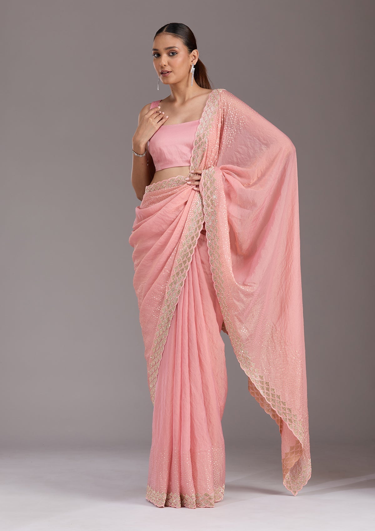 Baby Pink Sequins Tissue Saree