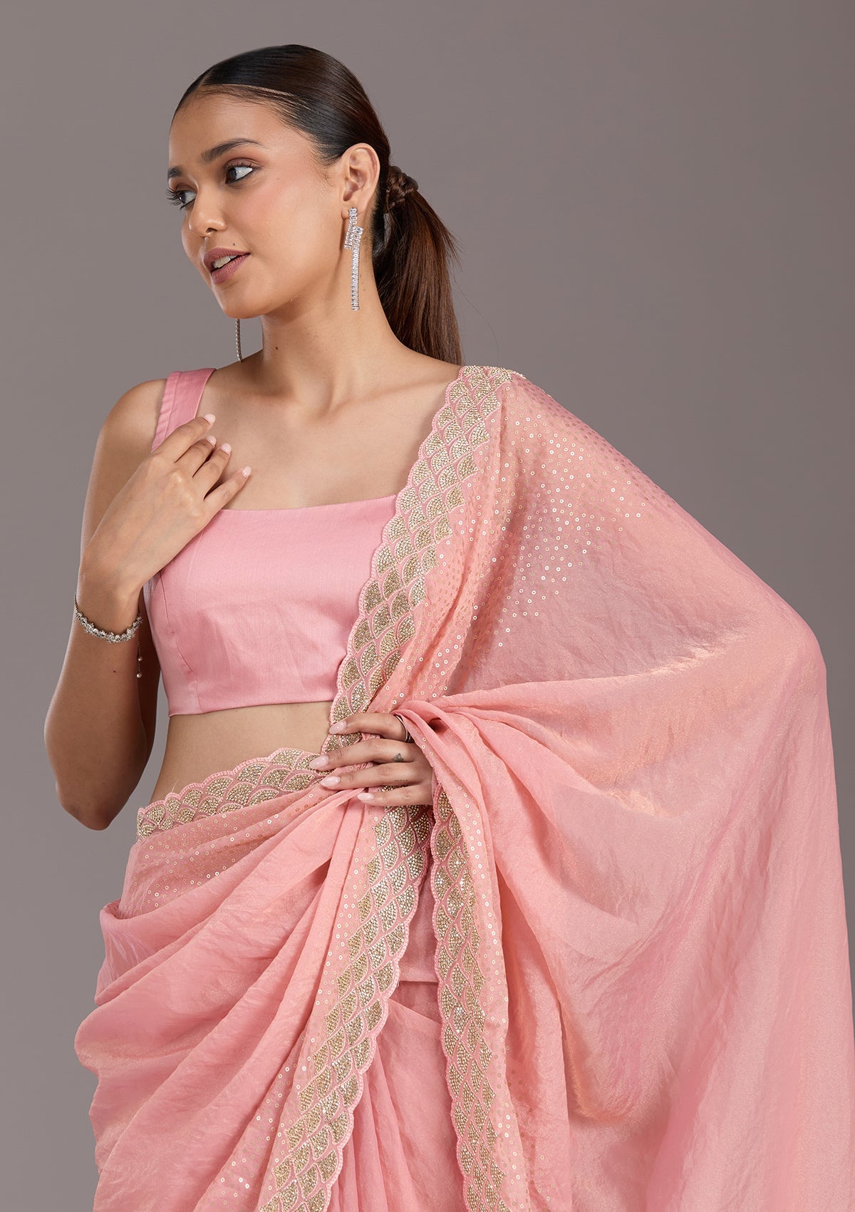 Baby Pink Sequins Tissue Saree