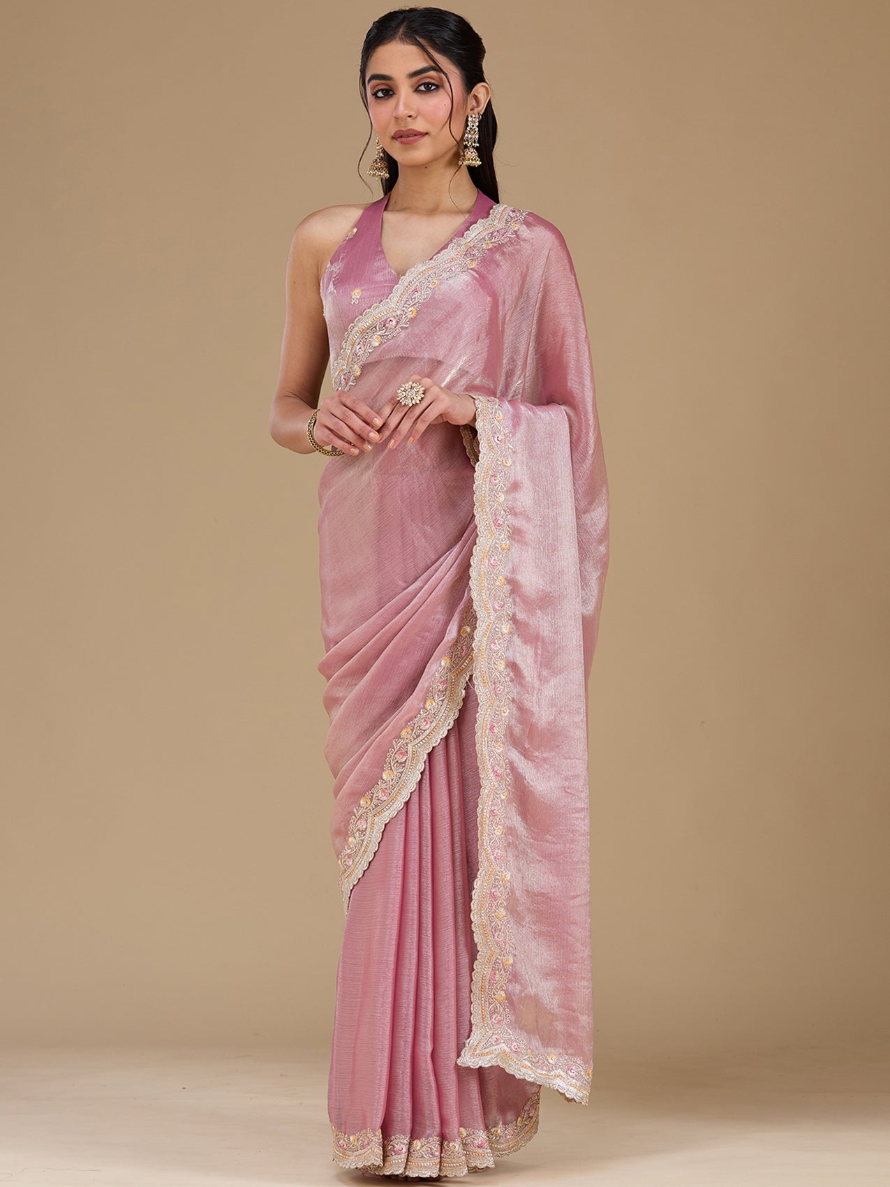Onion Pink Zariwork (Gold) Tissue Saree