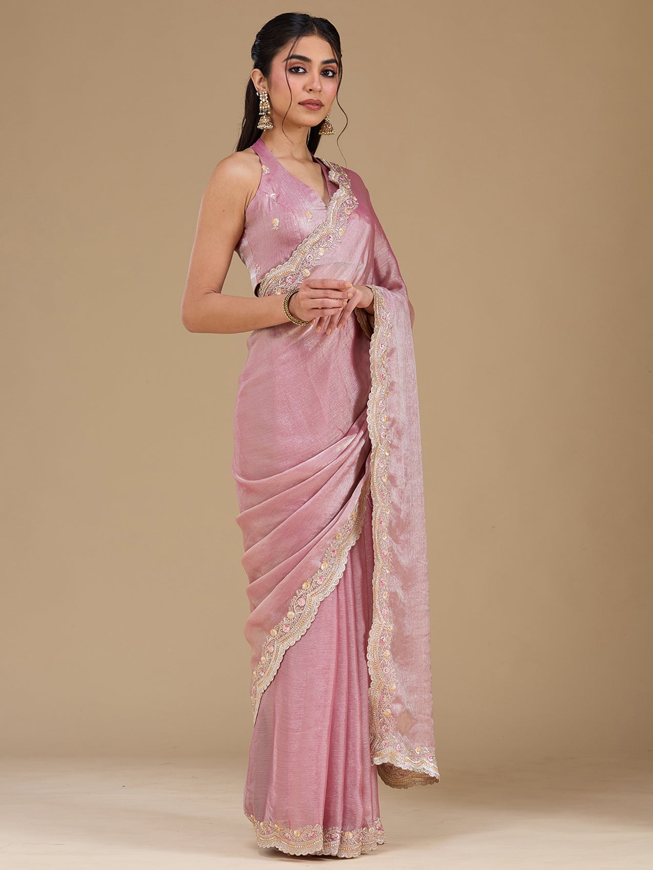 Onion Pink Zariwork (Gold) Tissue Saree