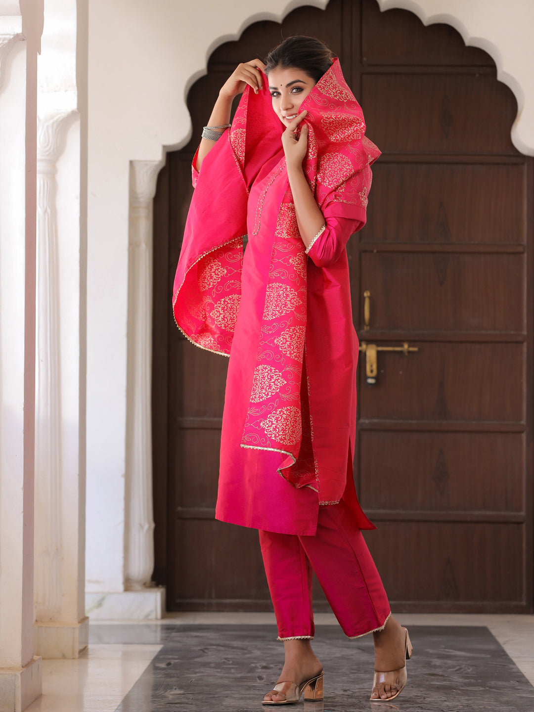 Pink Solid Straight Kurta With Gotta Work On Palazzo & Printed Dupatta