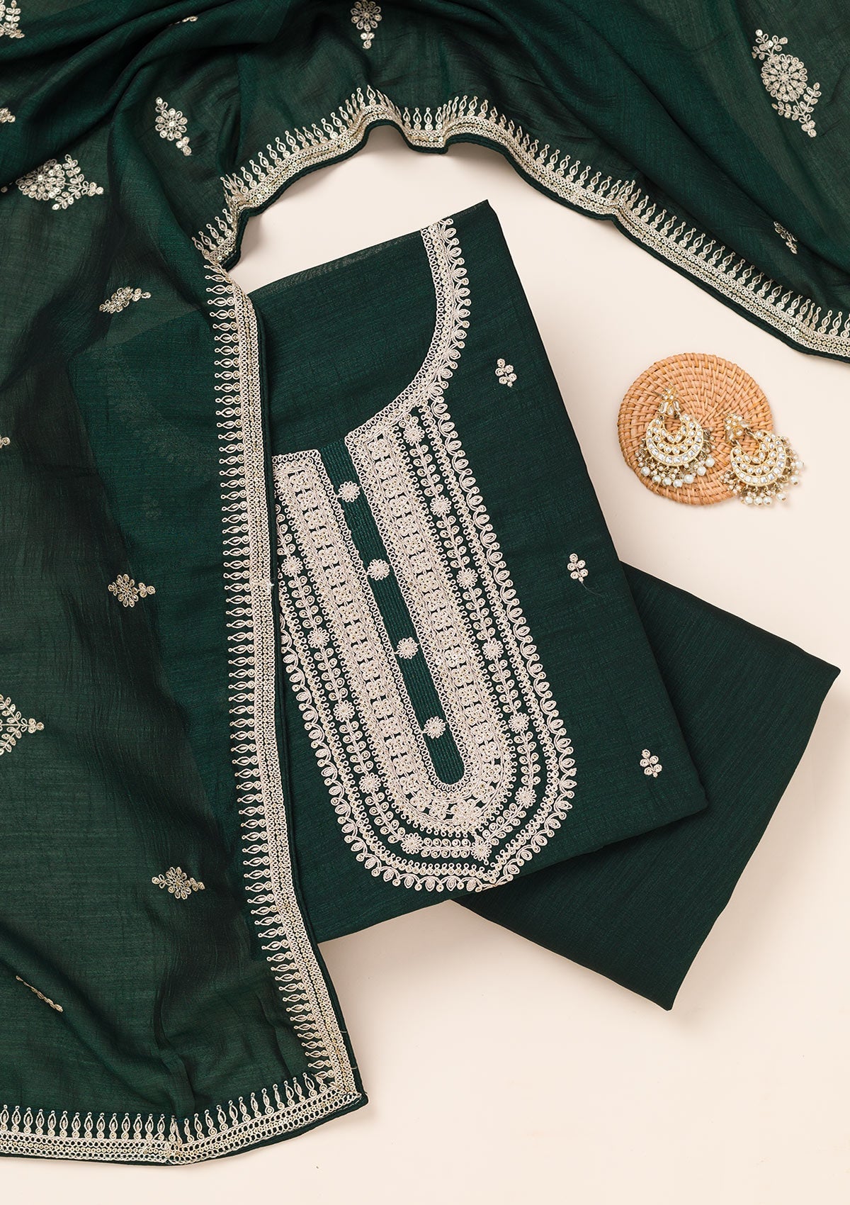 Bottle Green Zariwork Art Silk Unstitched Salwar Suit