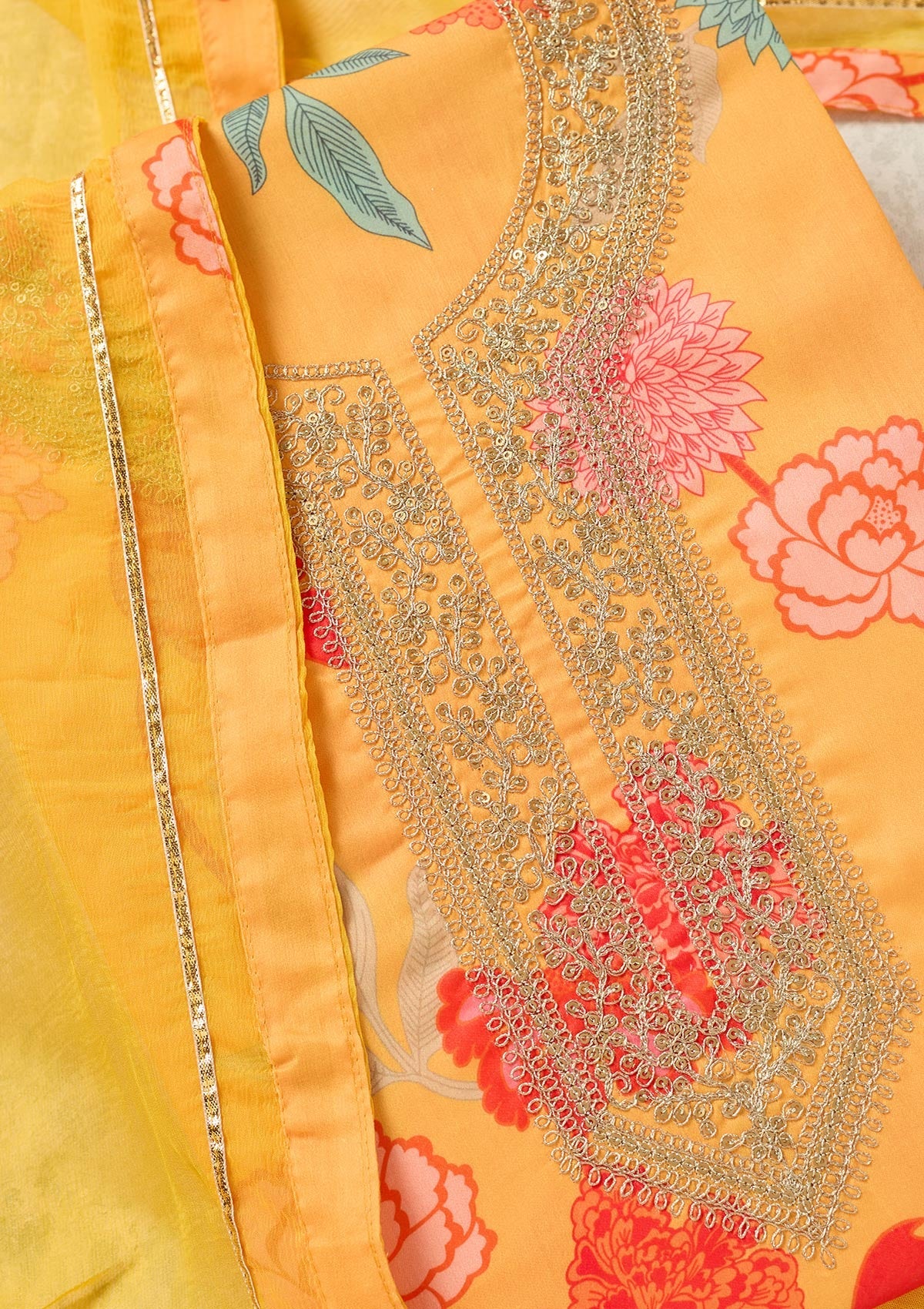 Yellow Zariwork (Gold) Cotton Unstitched Salwar Suit