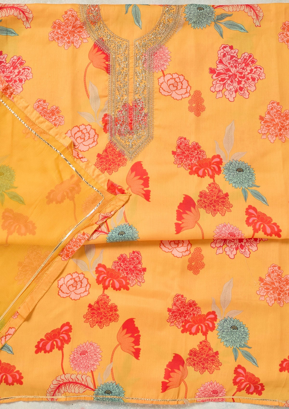 Yellow Zariwork (Gold) Cotton Unstitched Salwar Suit