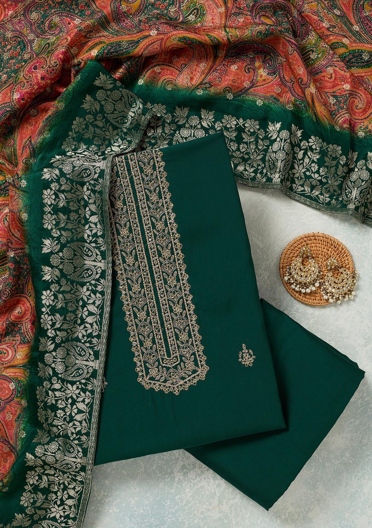 Bottle Green Threadwork Dola Silk Unstitched Salwar Suit