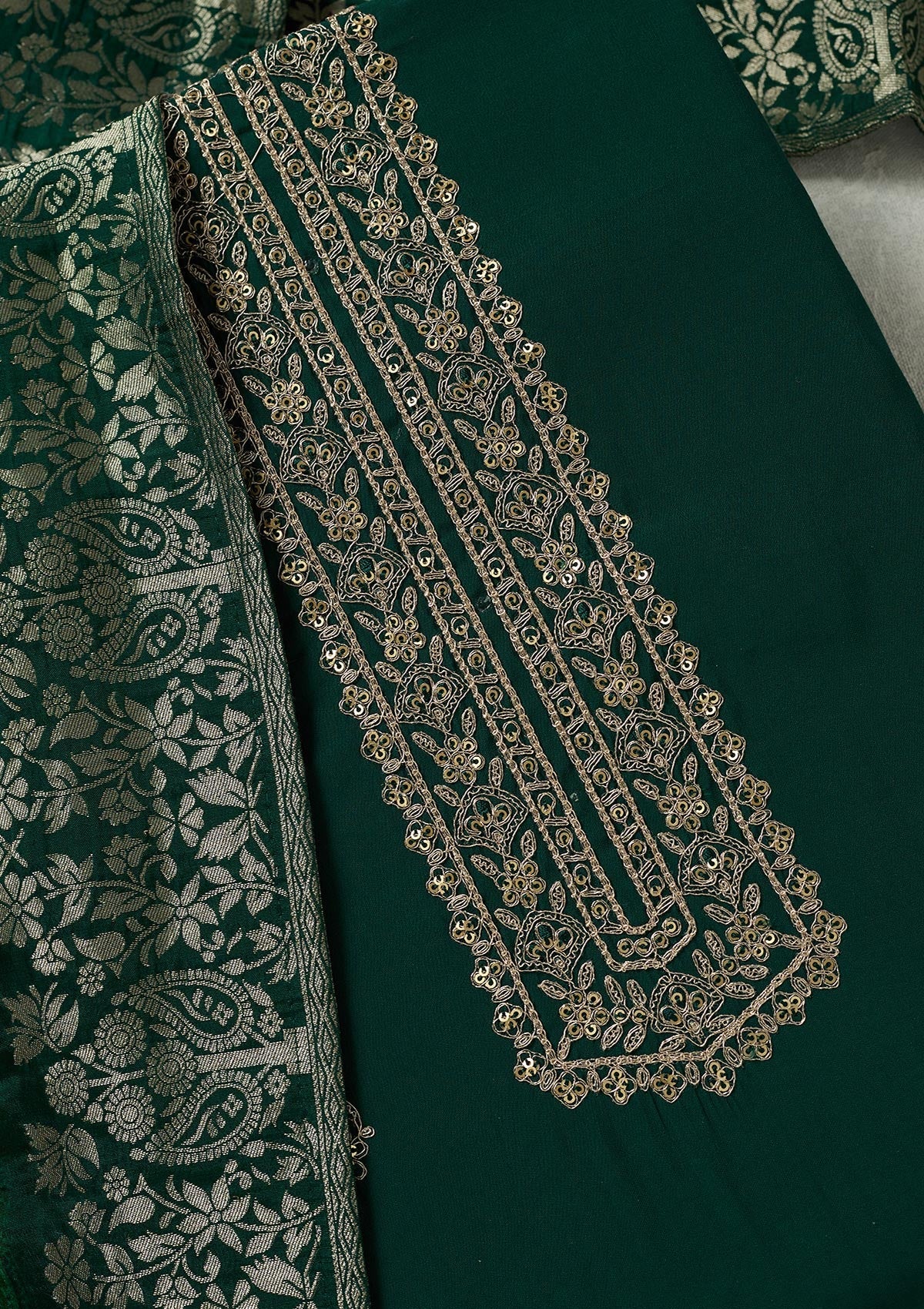 Bottle Green Threadwork Dola Silk Unstitched Salwar Suit