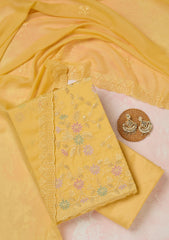 Yellow Thread Embroidery Semi Crepe Unstitched Salwar Suit