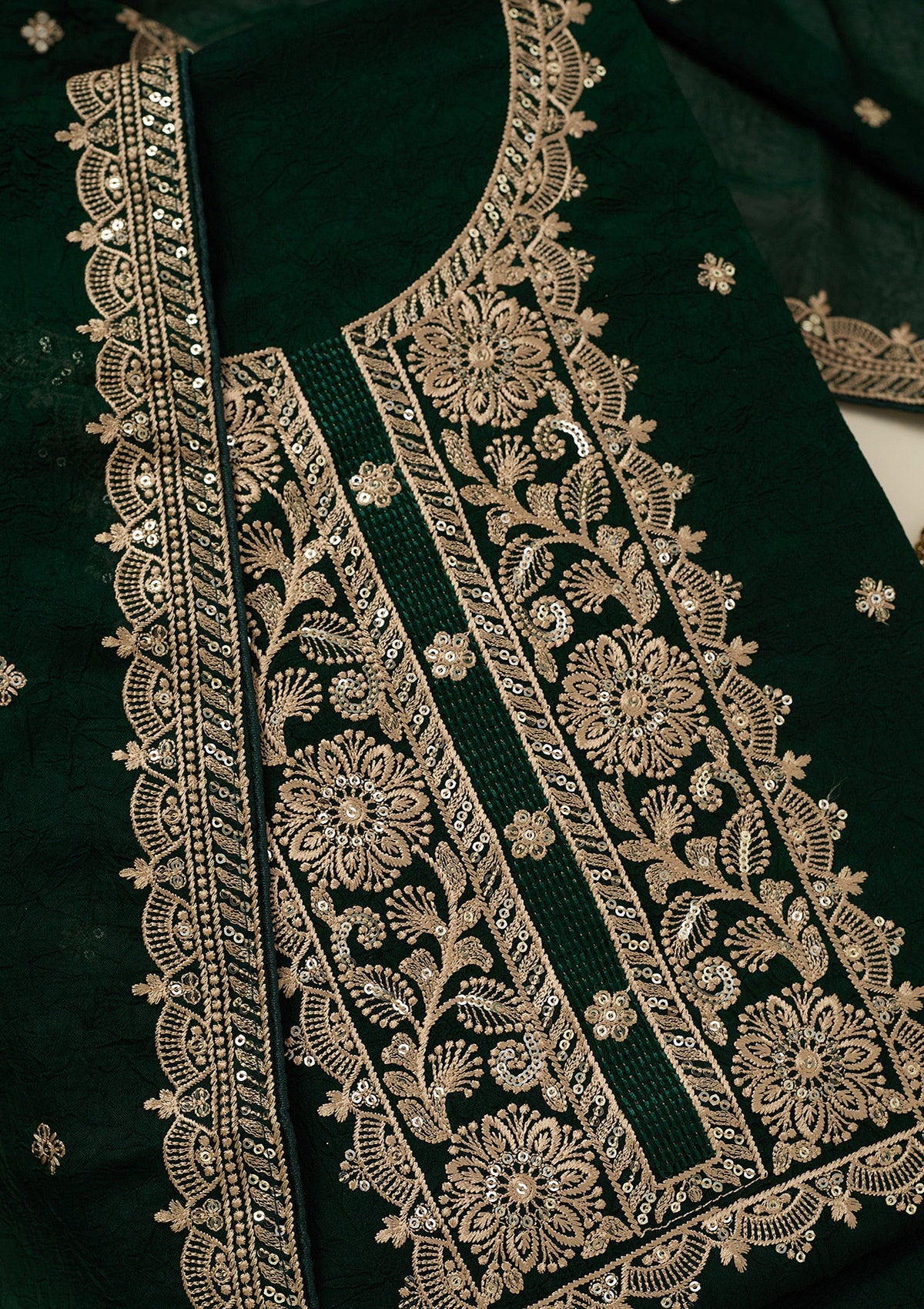 Bottle Green Threadwork Georgette Unstitched Salwar Suit