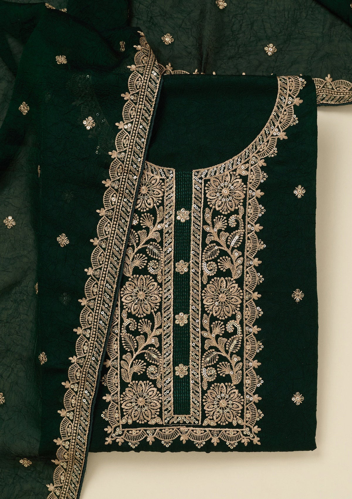 Bottle Green Threadwork Georgette Unstitched Salwar Suit