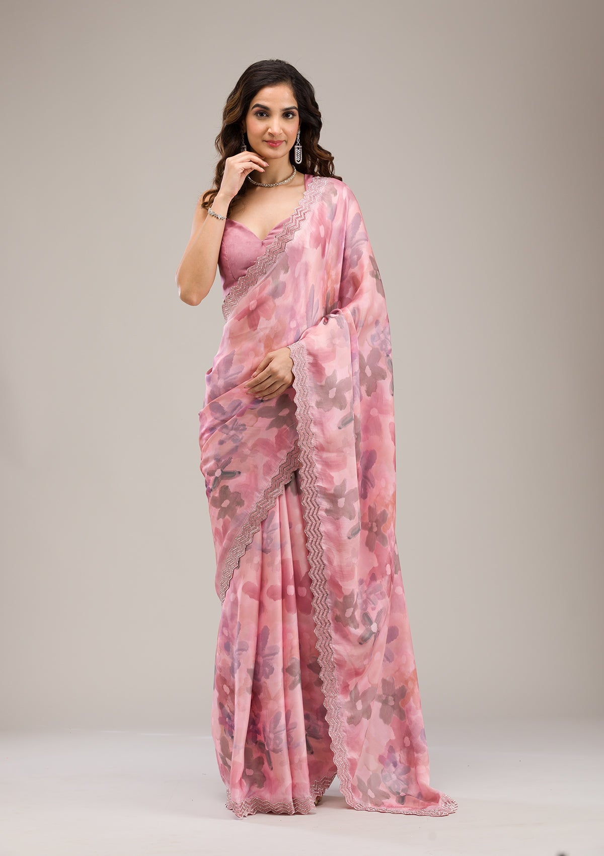 Baby Pink Stonework Satin Saree