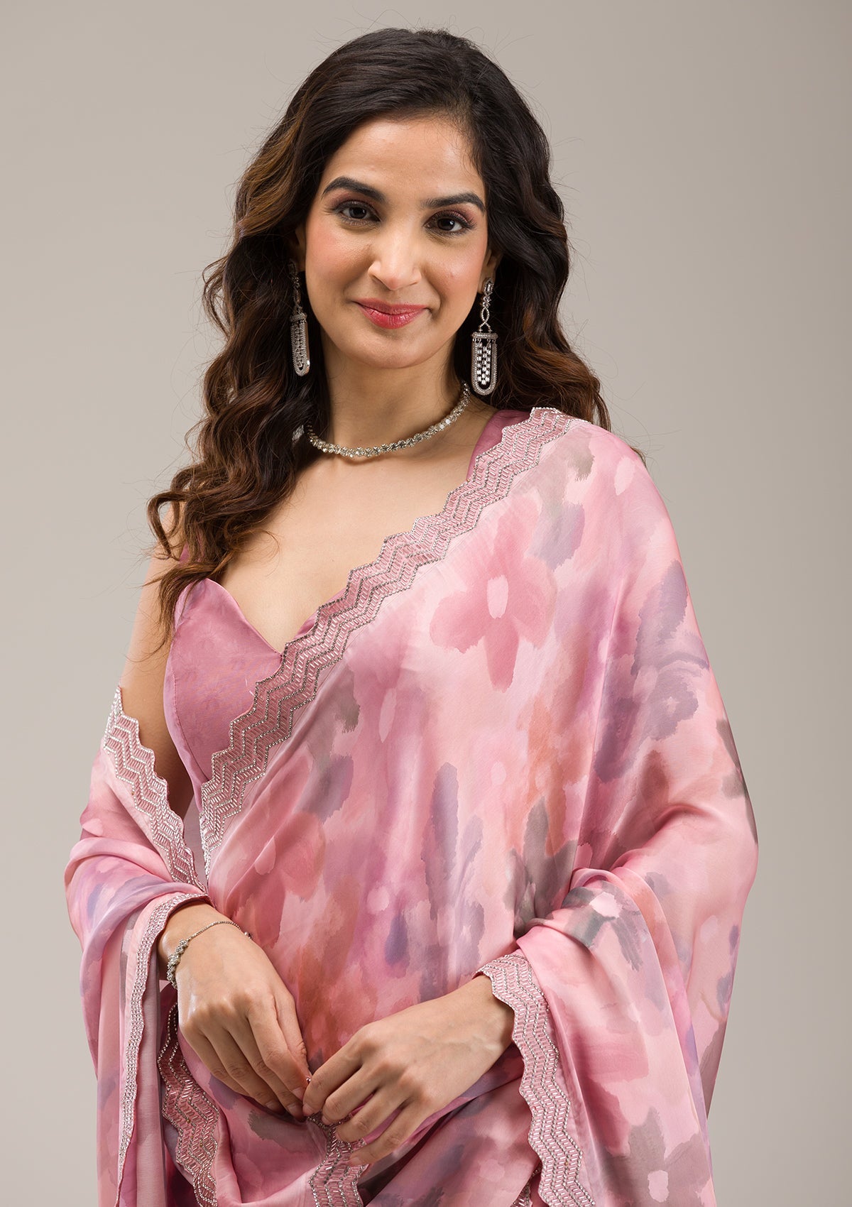 Baby Pink Stonework Satin Saree