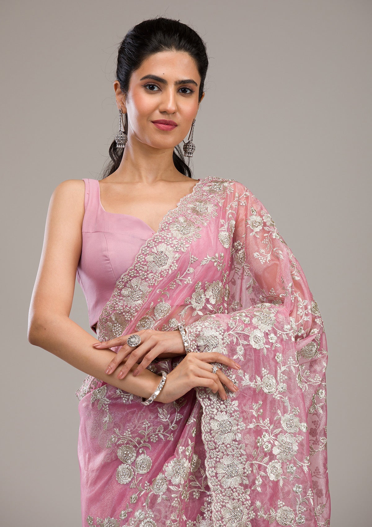 Baby Pink Zariwork Tissue Saree
