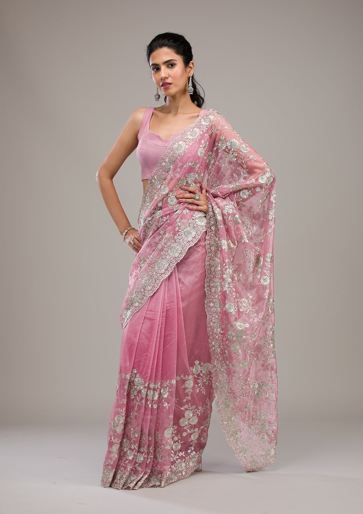 Baby Pink Zariwork Tissue Saree
