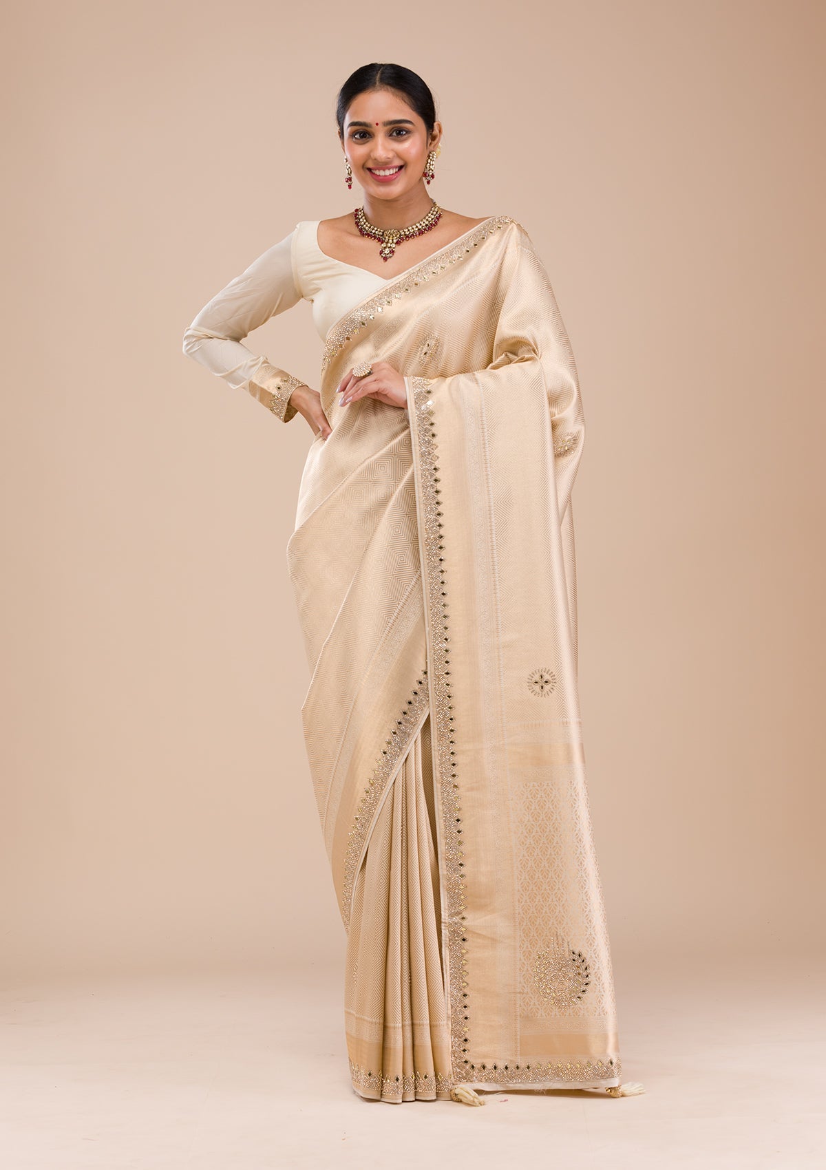 Beige Mirrorwork Silk Saree
