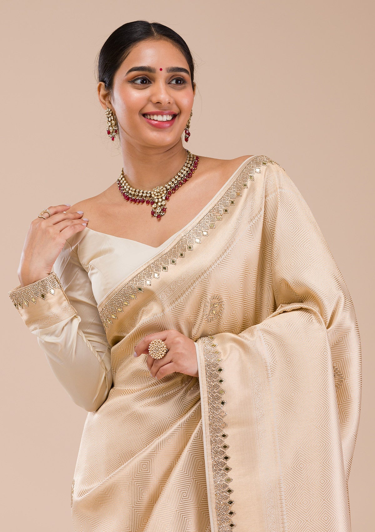Beige Mirrorwork Silk Saree