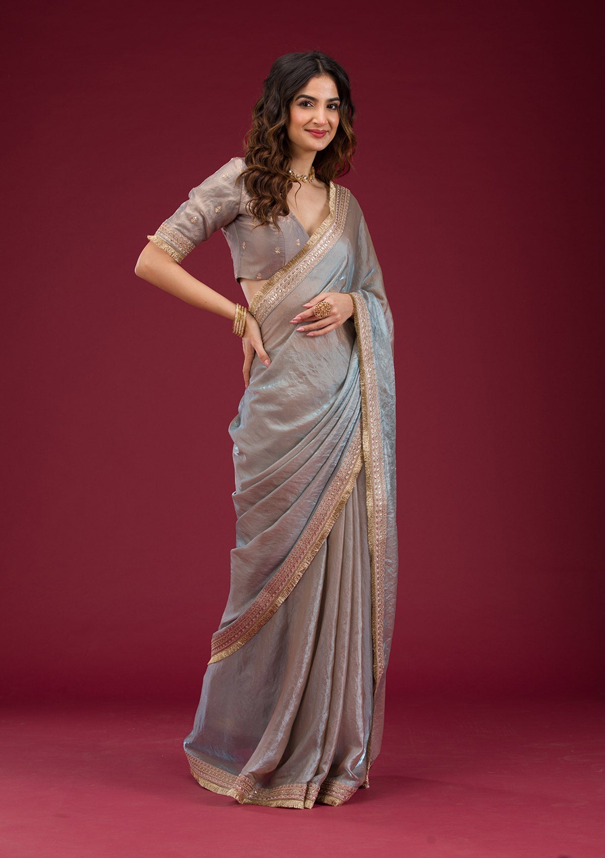 Sky Blue Threadwork Tissue Saree