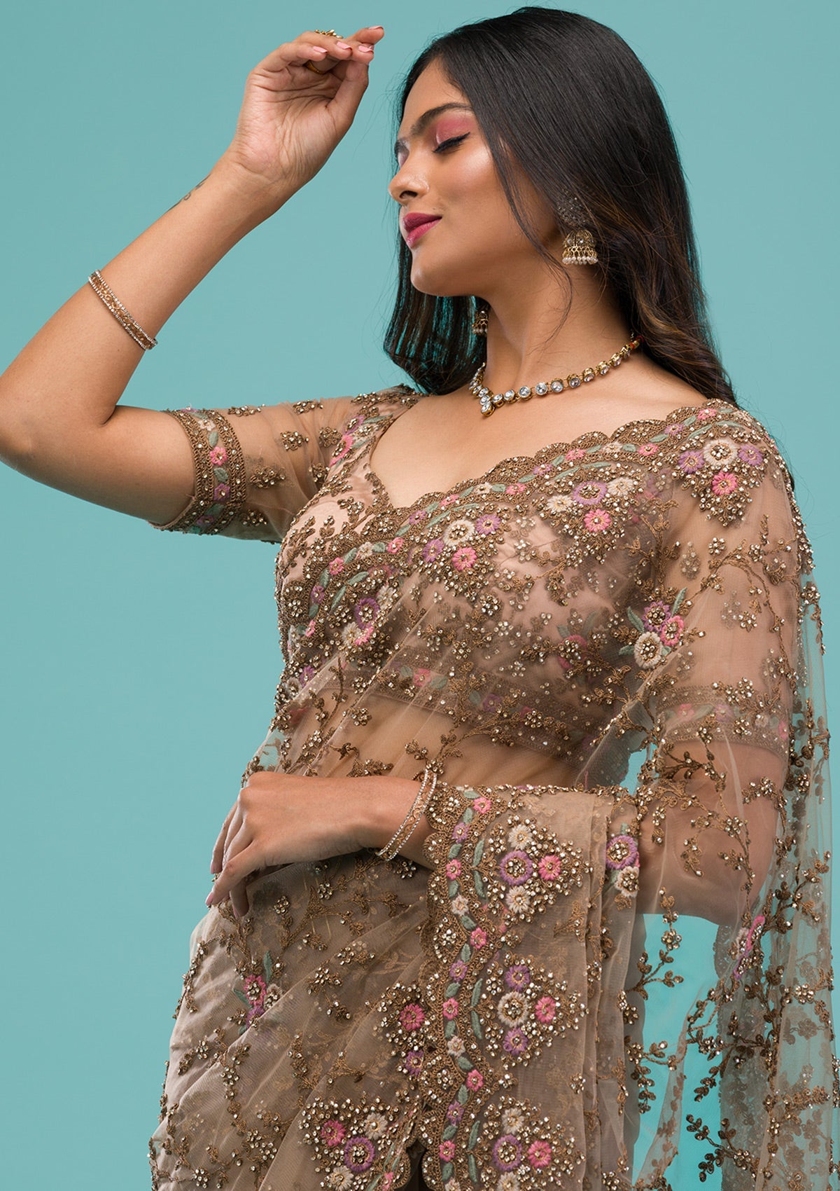 Beige Zariwork Net Saree