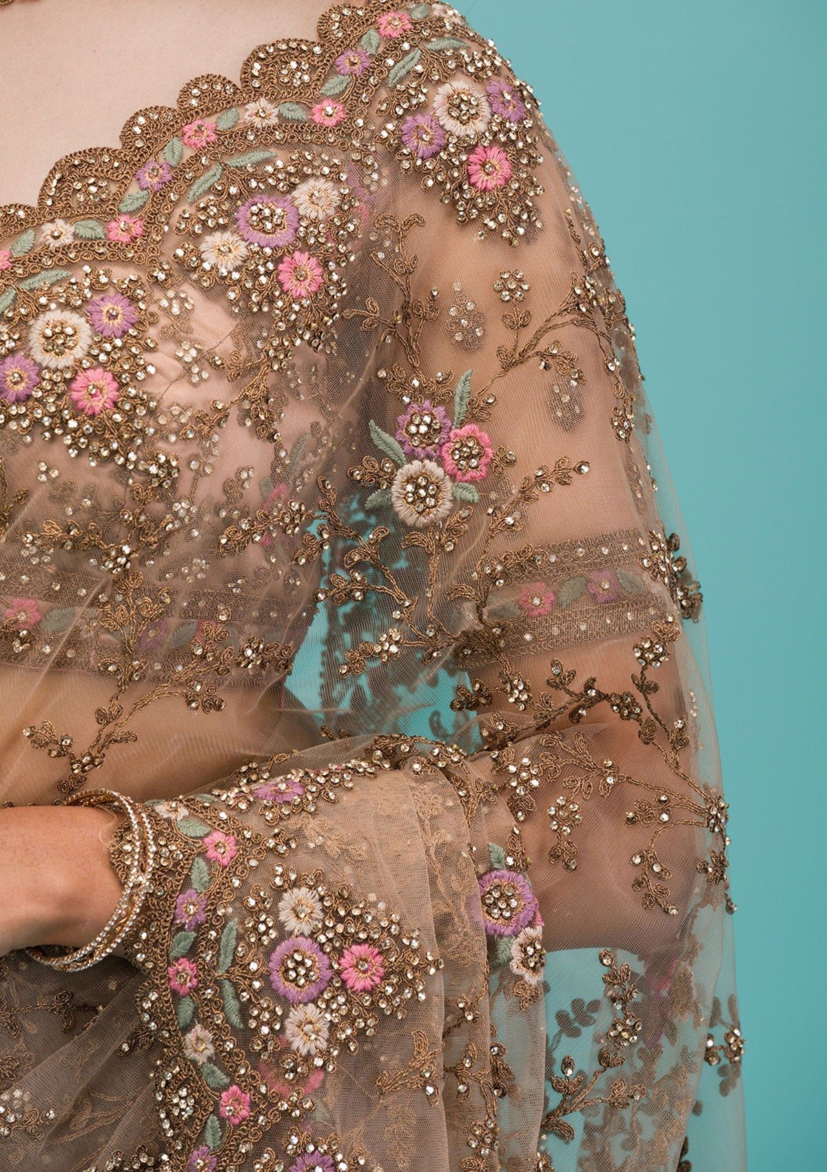 Beige Zariwork Net Saree