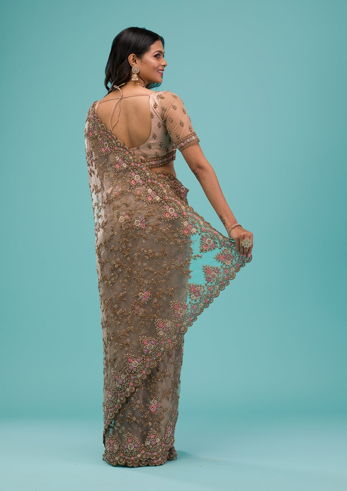 Beige Zariwork Net Saree