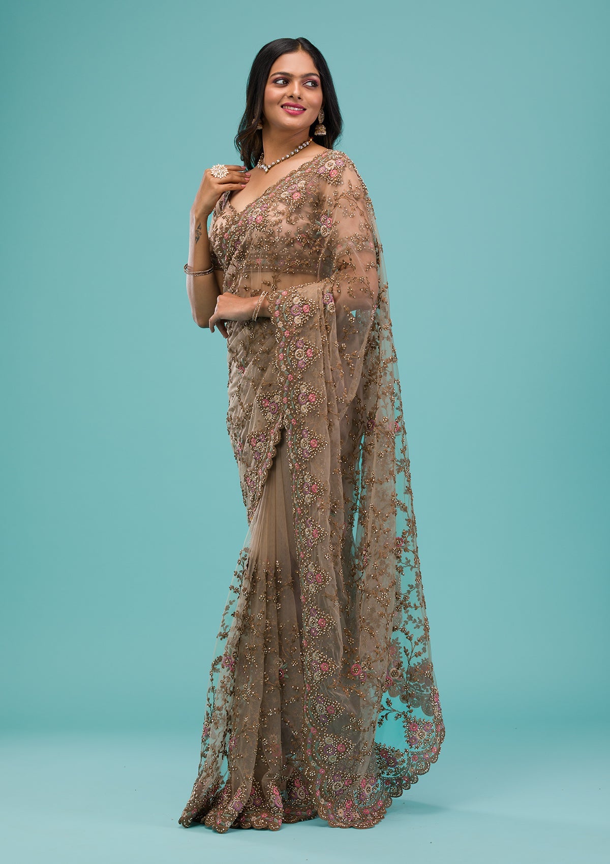 Beige Zariwork Net Saree