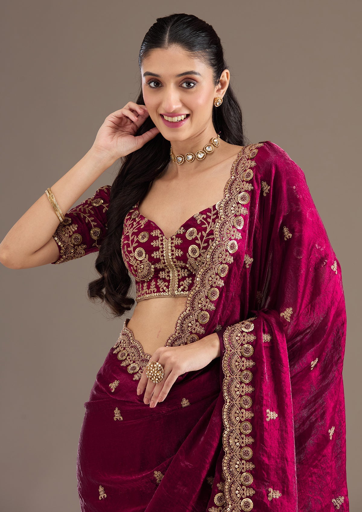 Dark Maroon Zariwork Tissue Saree