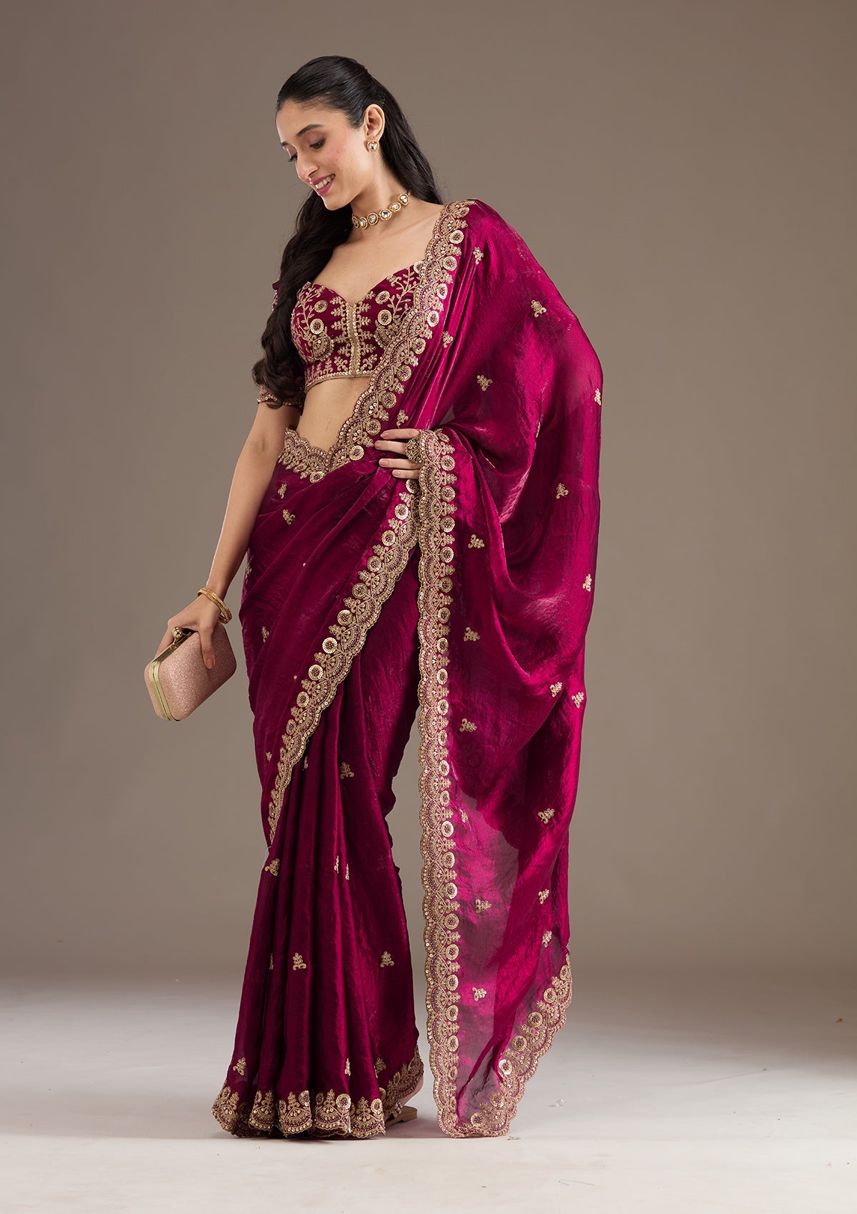 Dark Maroon Zariwork Tissue Saree
