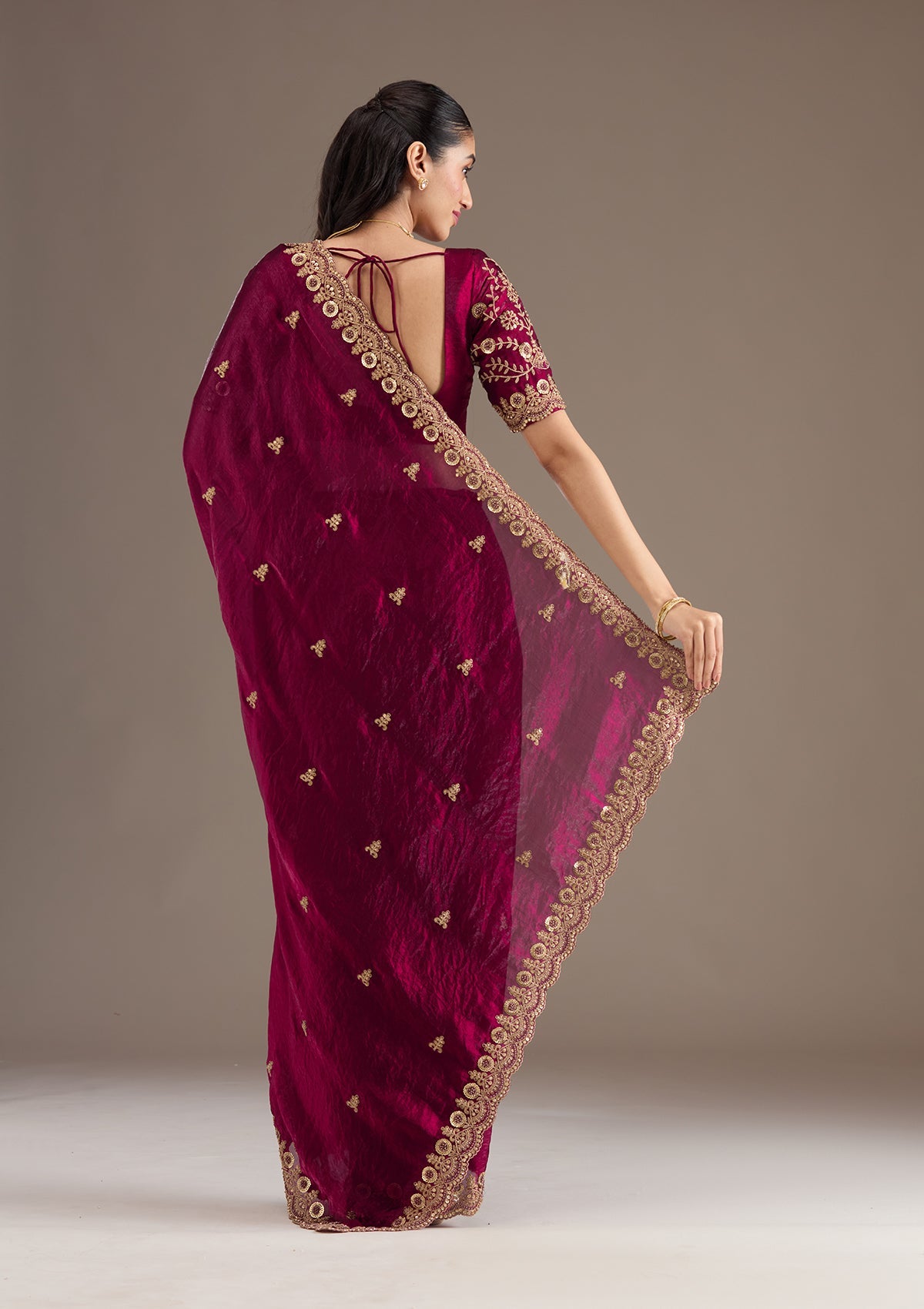 Dark Maroon Zariwork Tissue Saree