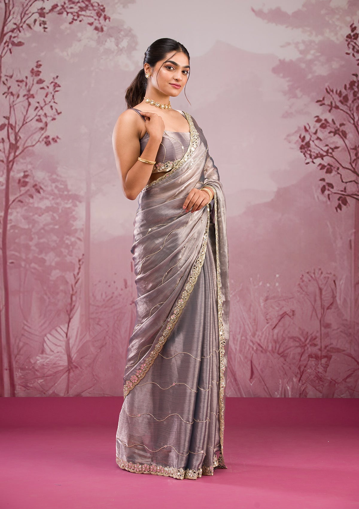 Grey Mirrorwork Tissue Saree