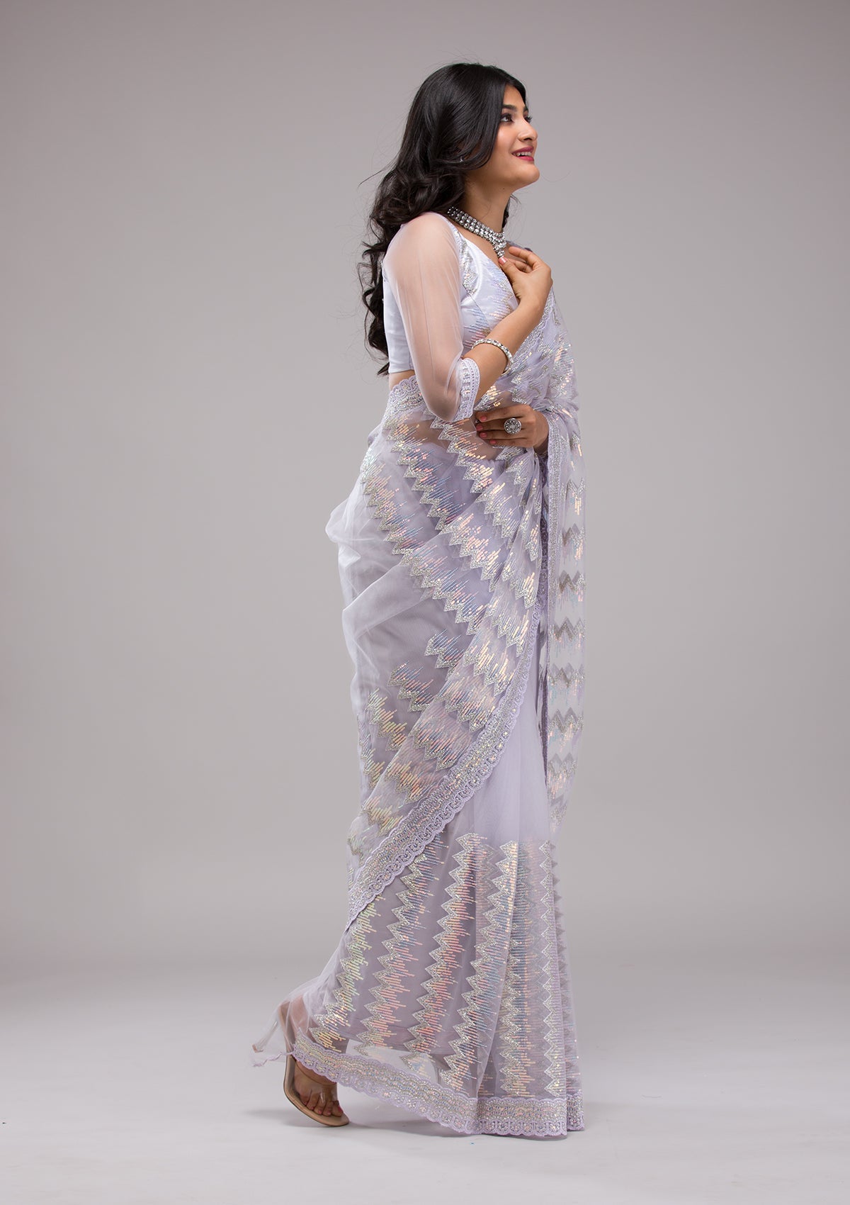 Lavender Sequins Net Saree