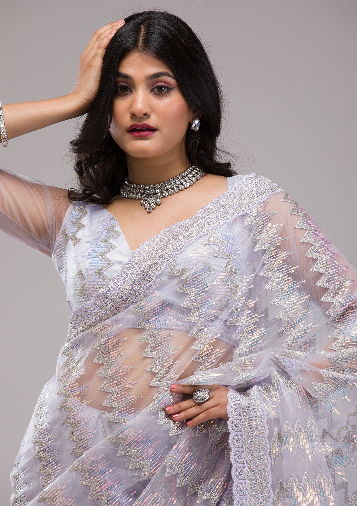 Lavender Sequins Net Saree