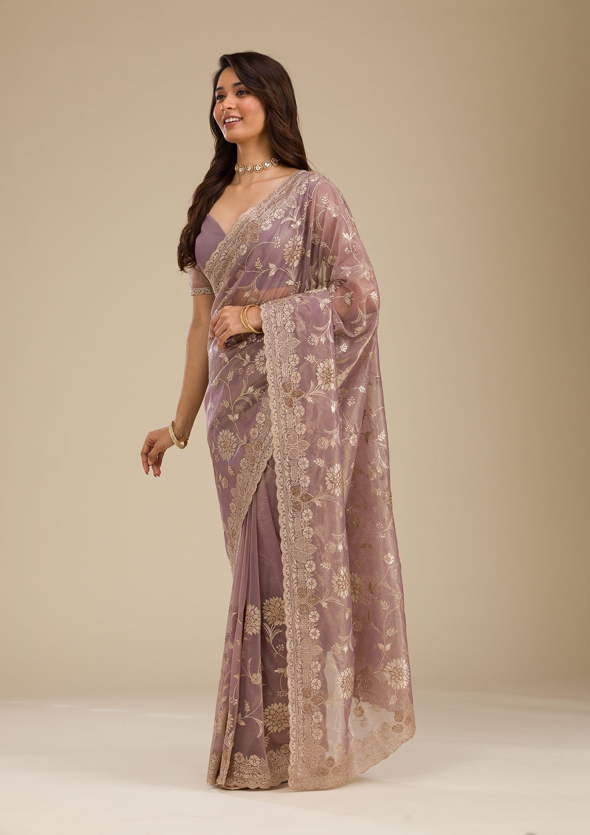 Light Brown Zariwork Tissue Saree