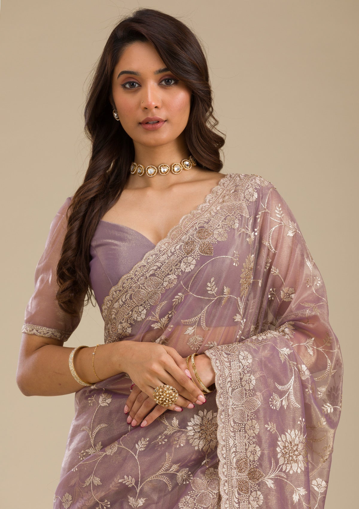 Light Brown Zariwork Tissue Saree